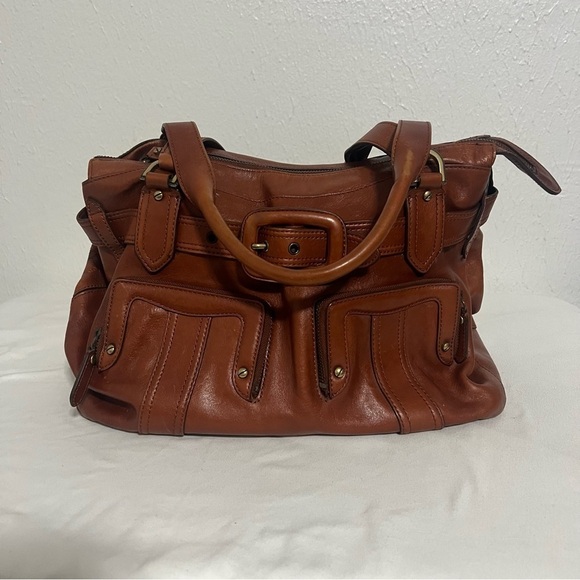Cole Haan Cognac Leather Saddle Tote Hand Bag EUC Lots Pockets Business Casual - Picture 2 of 11